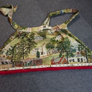 Vintage 60's Handmade Scenic Print Apron W/ Red Trim, Grandma's Kitchen
